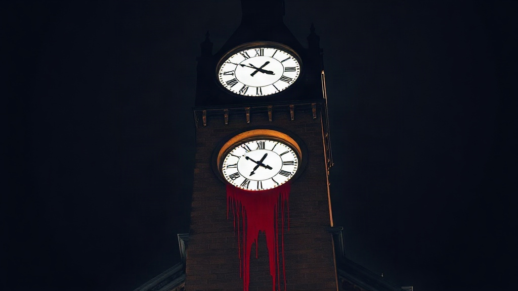 A civic clock tower leaking crimson light from a lying face