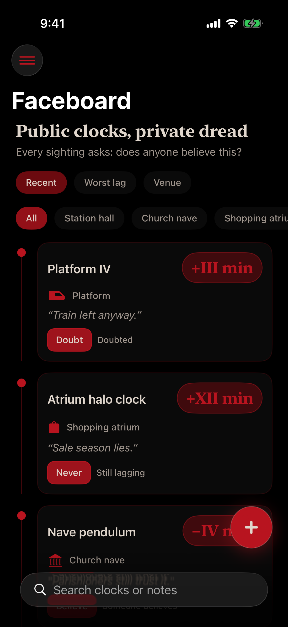 Faceboard timeline of logged public clocks