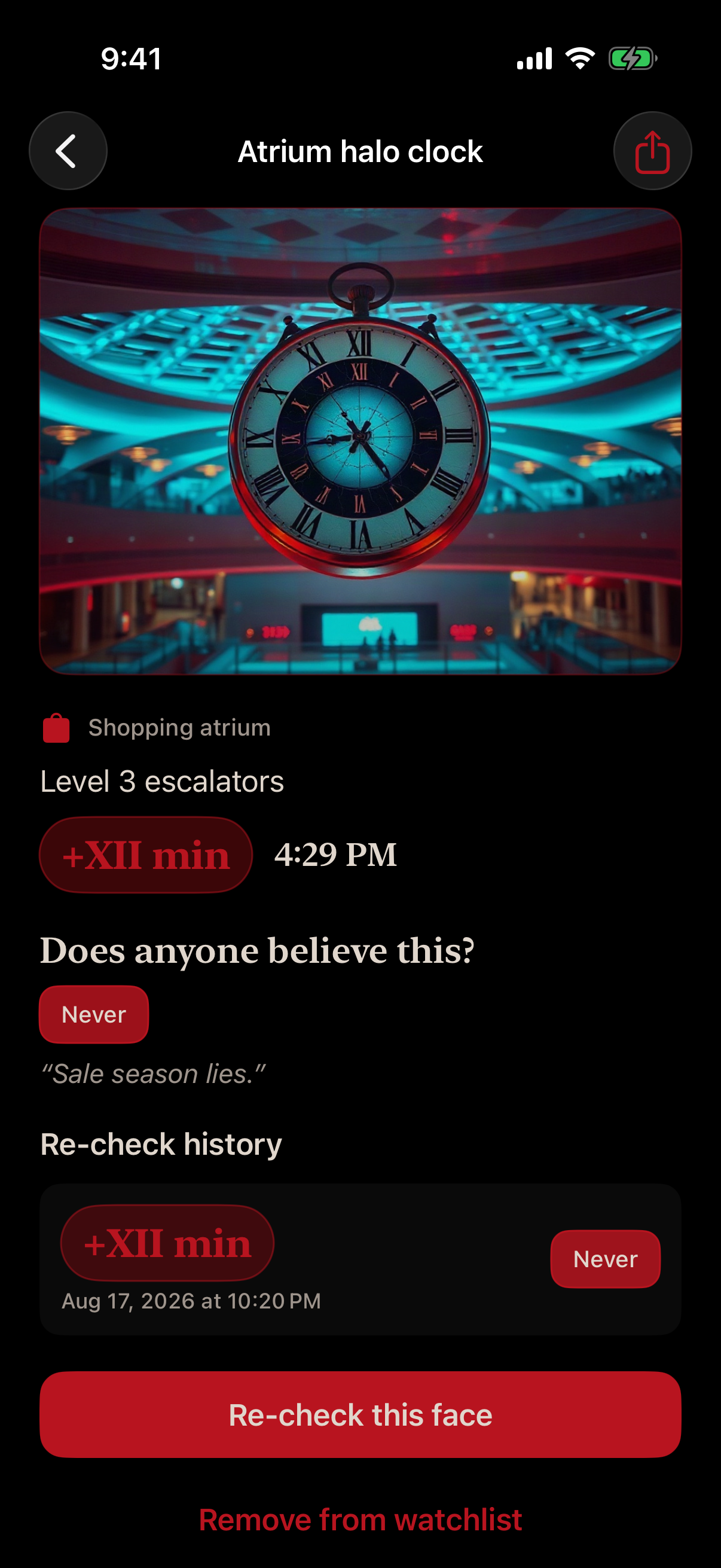 Clock face detail with offset and belief